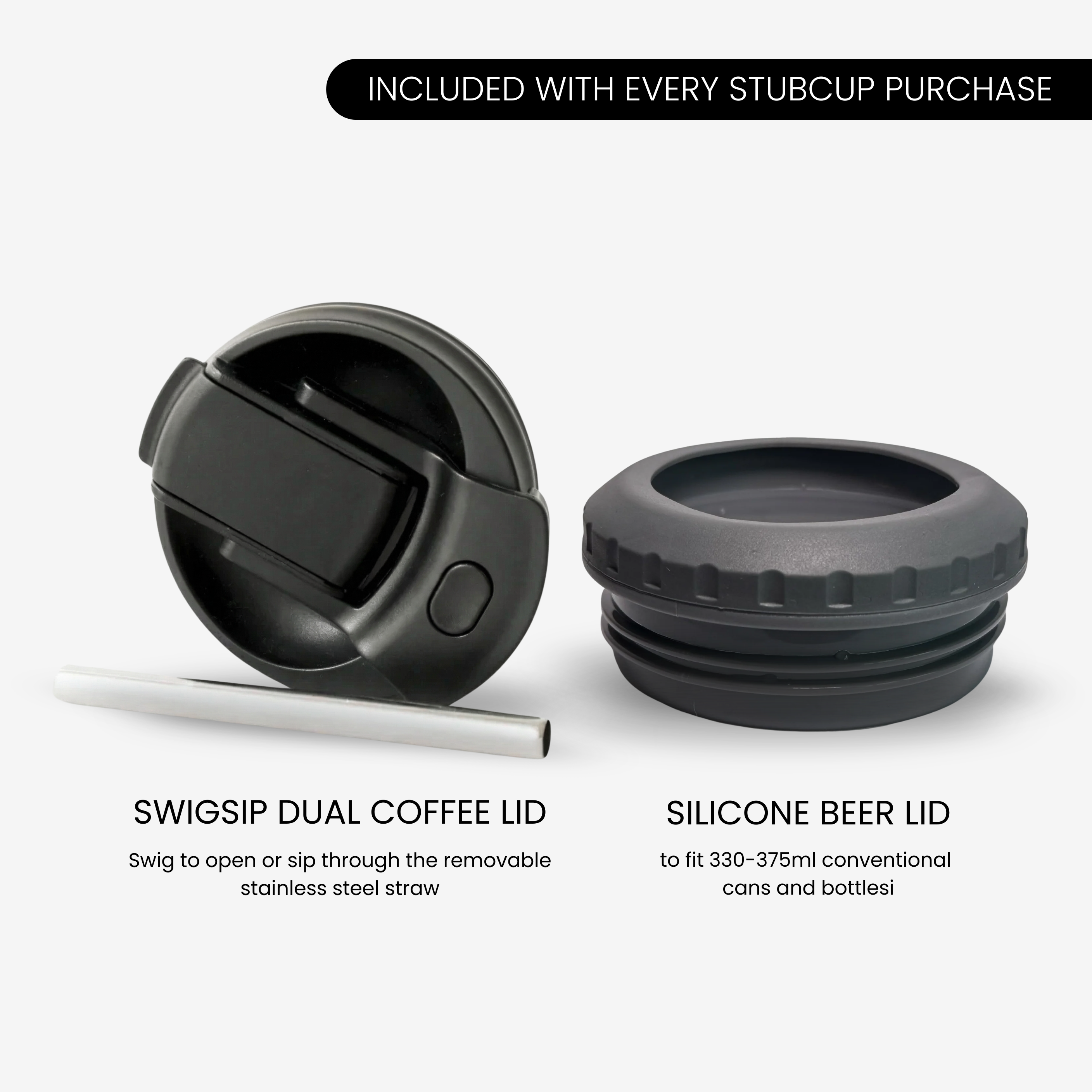 Stubcup with SwigSip Dual Coffee Lid and Silicone Beer Lid for versatile drinking from RUGD