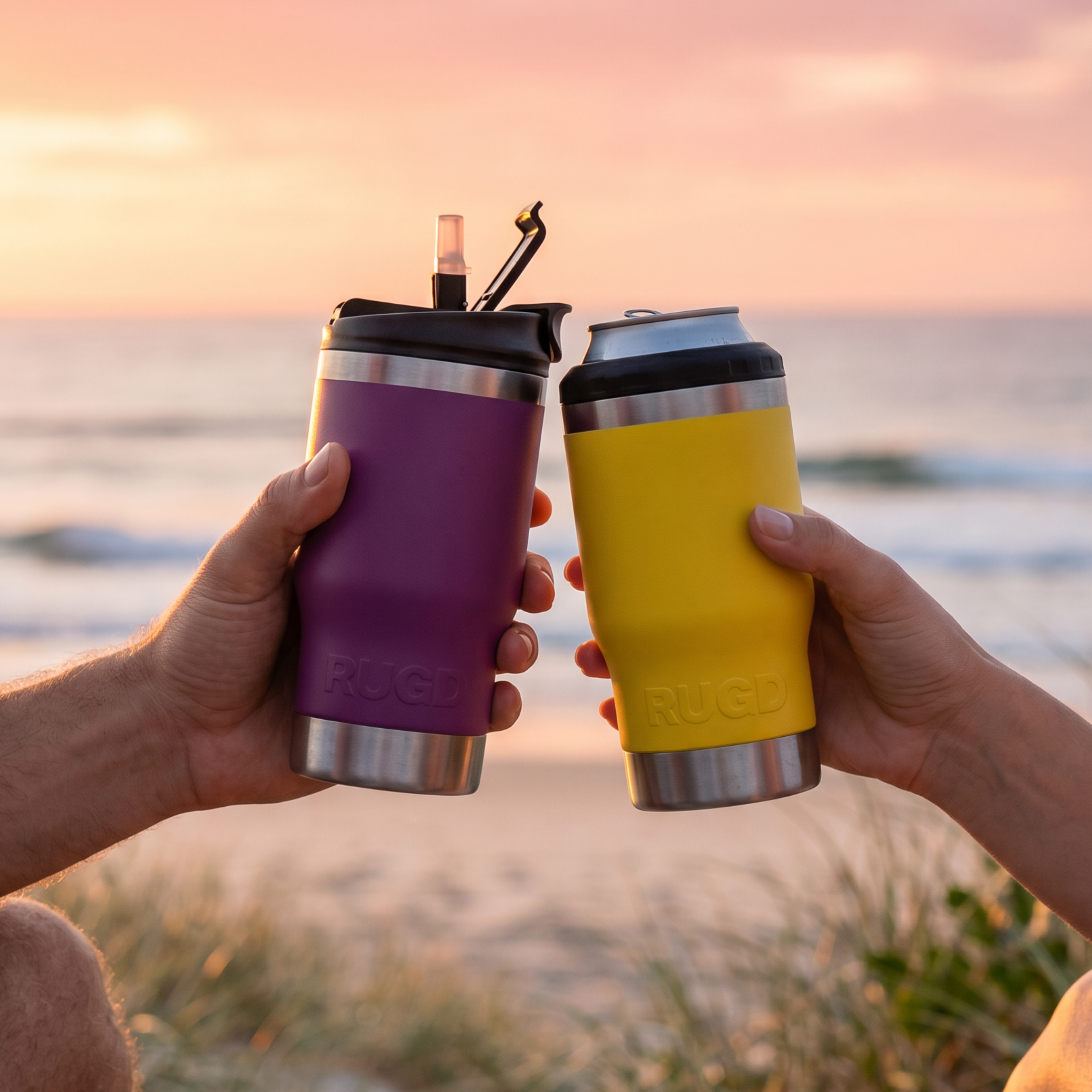 Colorful Insulated Cups for Beach Use with Straws in Purple and Yellow