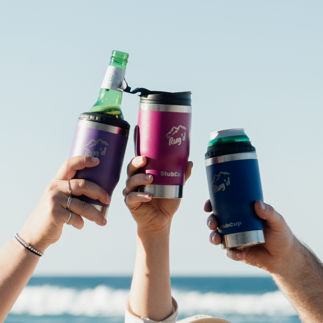 Get Rug'd StubCup Grape stubby cooler coffee cup in vibrant colors, perfect for beach gatherings