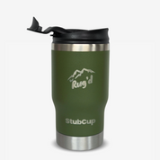 StubCup Green Stubby Cooler Coffee Cup by Get Rug'd with black lid and stainless steel accents