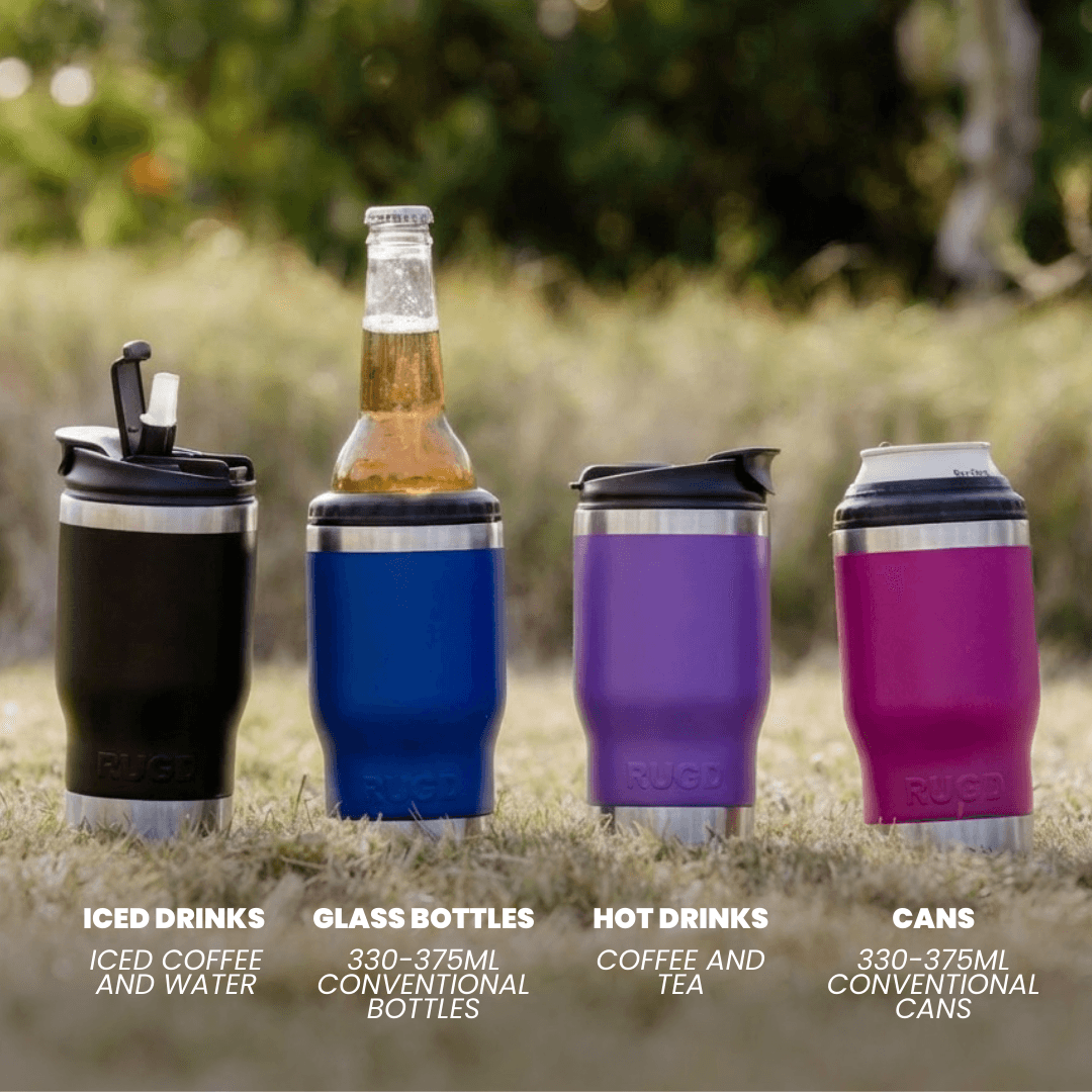 Four insulated drink containers in black, blue, purple, and pink on grass with text indicating their use for different types of drinks.
