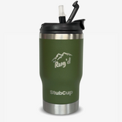 Get Rug'd StubCup Green Stubby Cooler Coffee Cup with black lid and silver base for hot and cold drinks