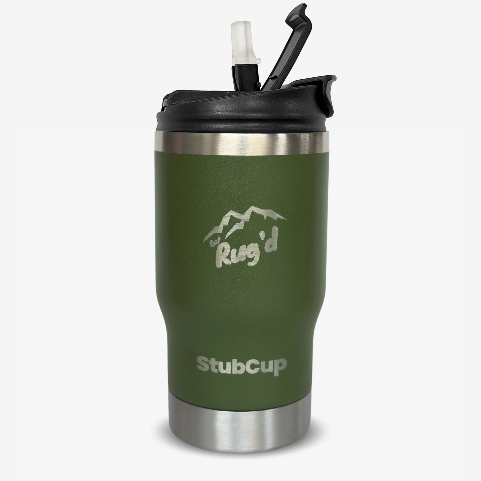 Get Rug'd StubCup Green Stubby Cooler Coffee Cup with black lid and silver base for hot and cold drinks