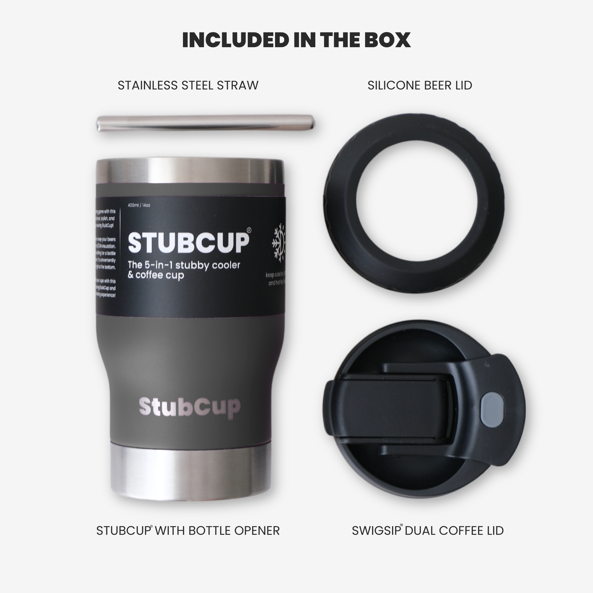 Get Rug'd StubCup Grey outdoor tumbler drinking cup with stainless steel straw and silicone lid