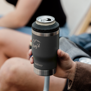 Get Rug'd StubCup Grey outdoor tumbler drinking cup held by a person with a can inside