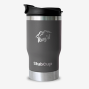 StubCup Grey outdoor tumbler drinking cup with secure lid and stainless steel base for beverages on the go