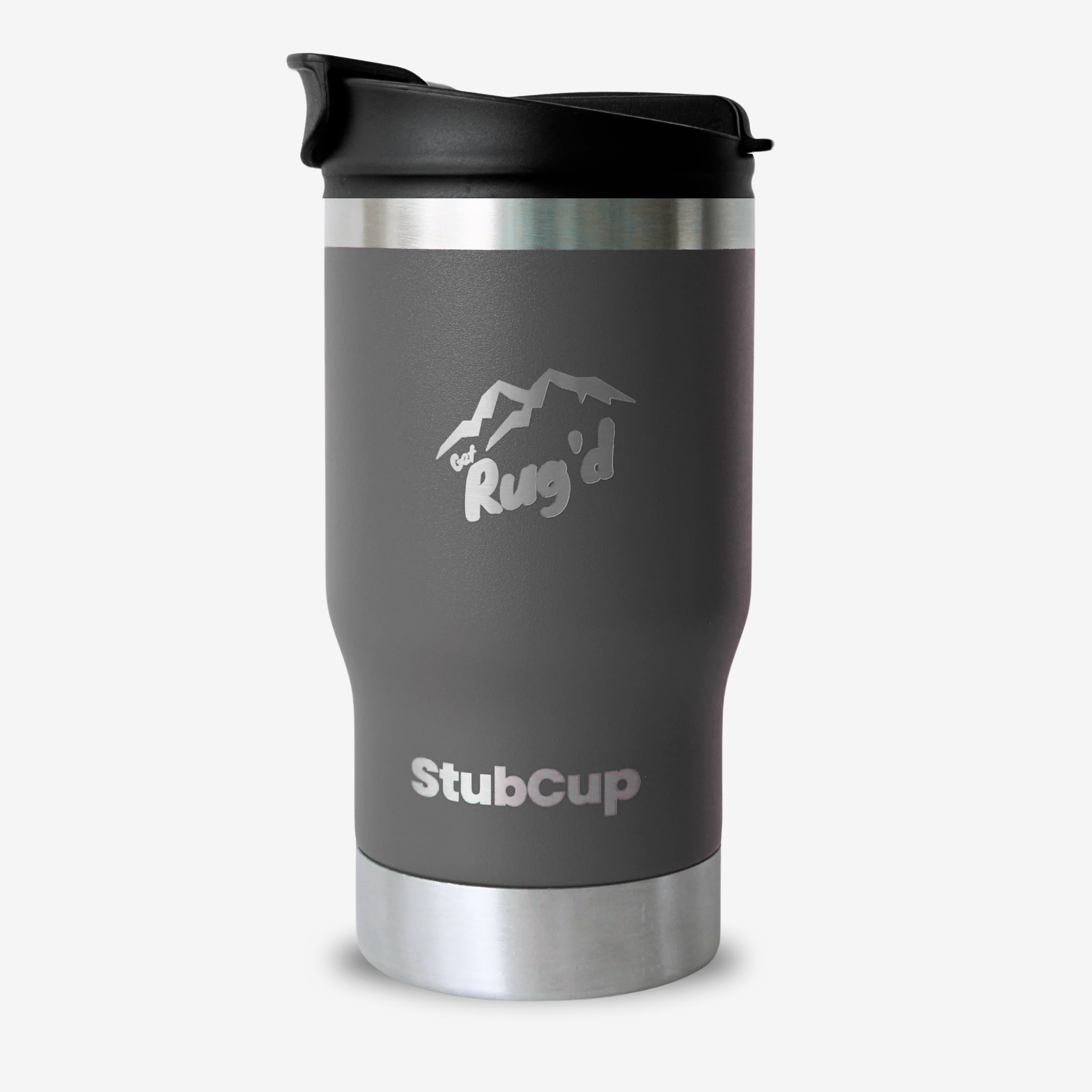 StubCup Grey outdoor tumbler drinking cup with secure lid and stainless steel base for beverages on the go