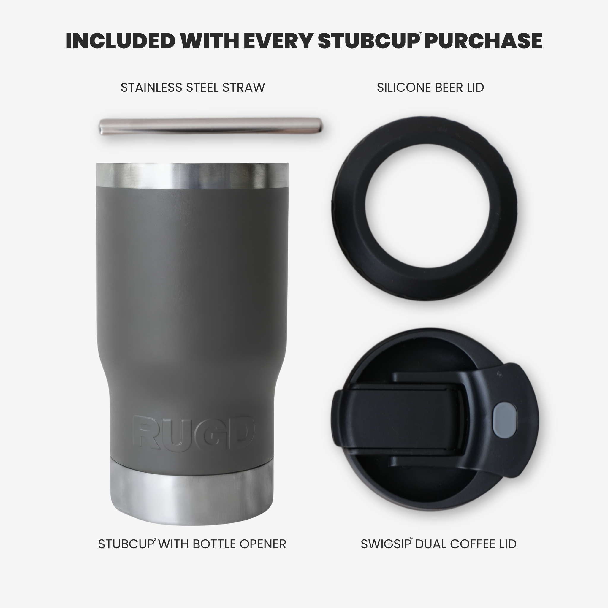 Get Rug'd StubCup Grey stubby cooler coffee cup beer can bottle with stainless steel straw and silicone lids