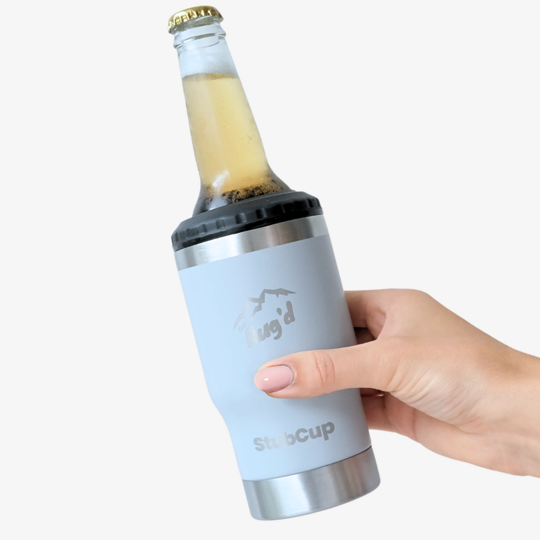Get Rug'd StubCup insulated tumbler beer coffee with a bottle of beer inside a hand