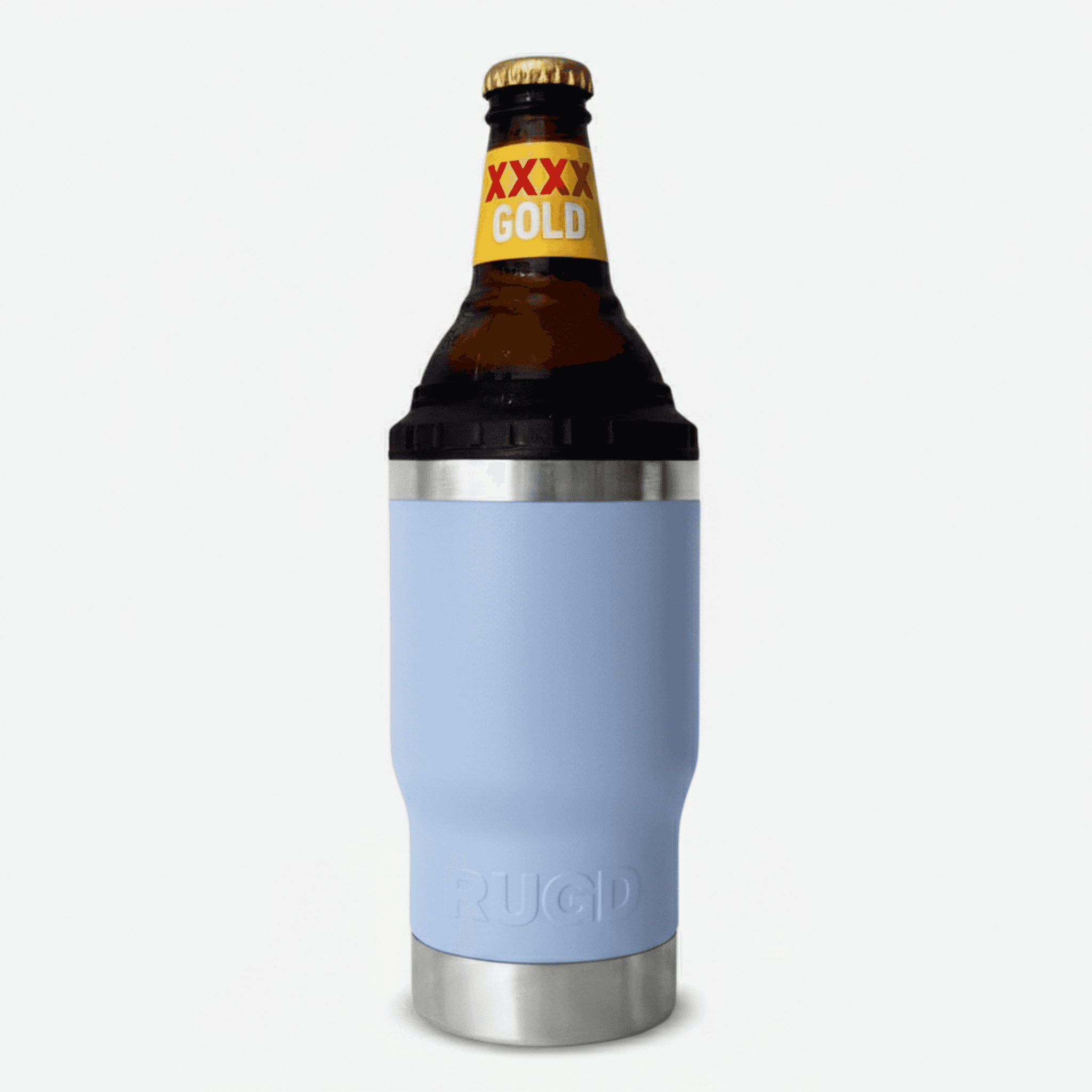 Get Rug'd StubCup insulated tumbler beer coffee in light blue holding a beverage bottle