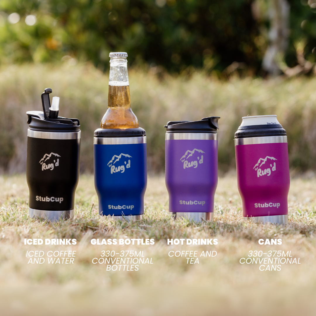 StubCup Purple tumbler purple beer drinking cup with diverse beverage options outdoors