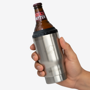 Get Rug'd StubCup stainless steel stubby cooler coffee cup holding a beer bottle for easy sipping